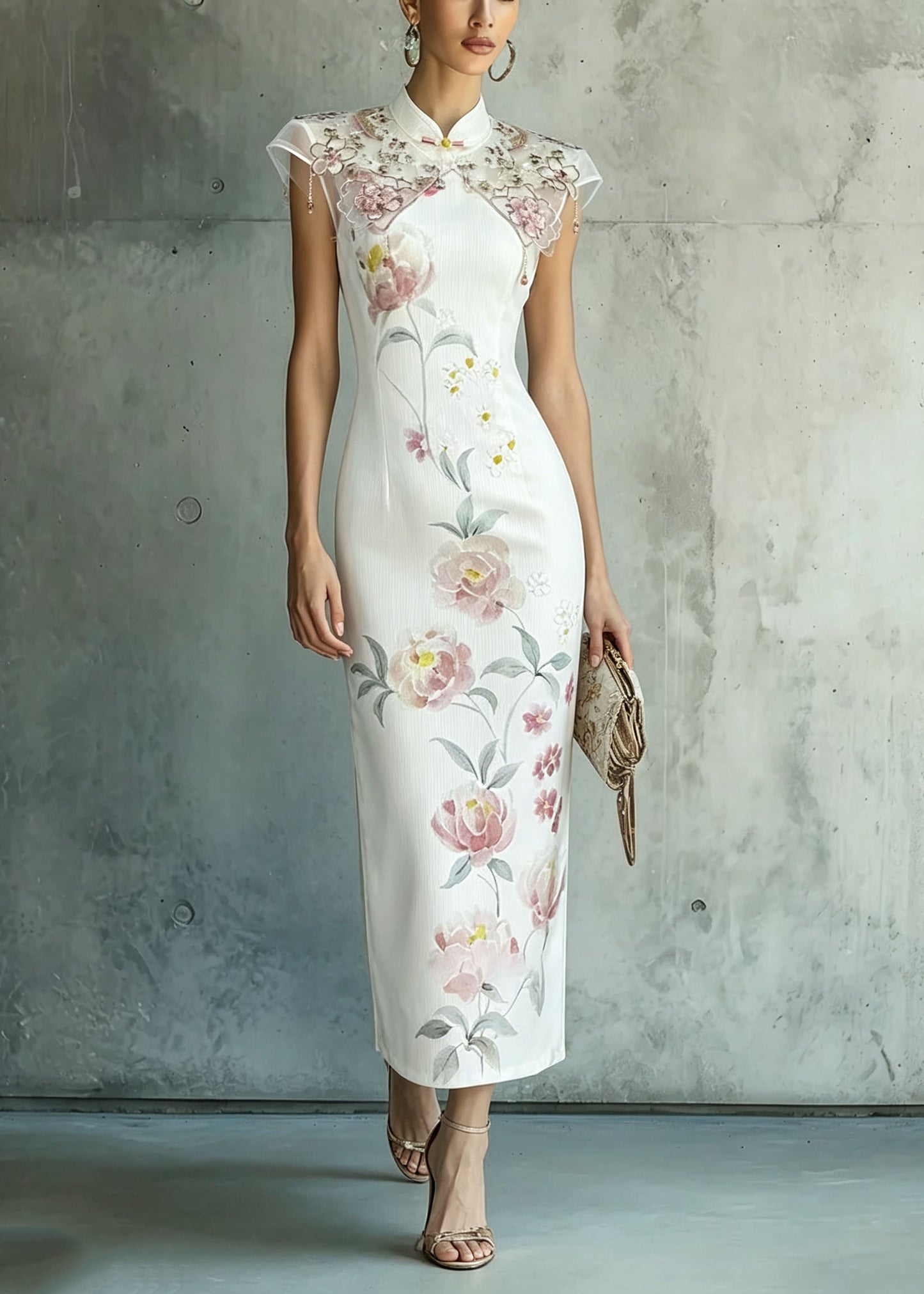 Elegant White Stand Collar Print Oriental Button Chiffon Dress Summer