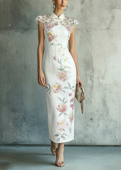 Elegant White Stand Collar Print Oriental Button Chiffon Dress Summer