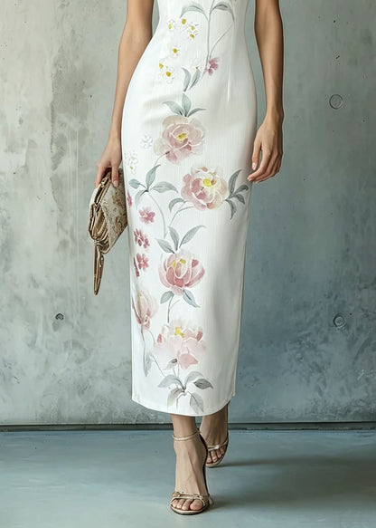 Elegant White Stand Collar Print Oriental Button Chiffon Dress Summer