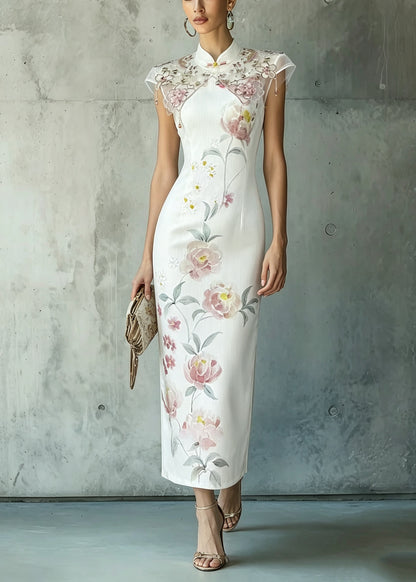 Elegant White Stand Collar Print Oriental Button Chiffon Dress Summer
