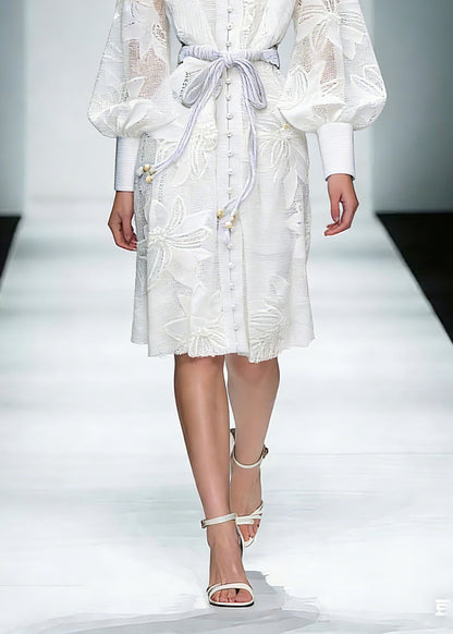 Elegant White Stand Collar Tie Waist Maxi Shirts Dresses Lantern Sleeve