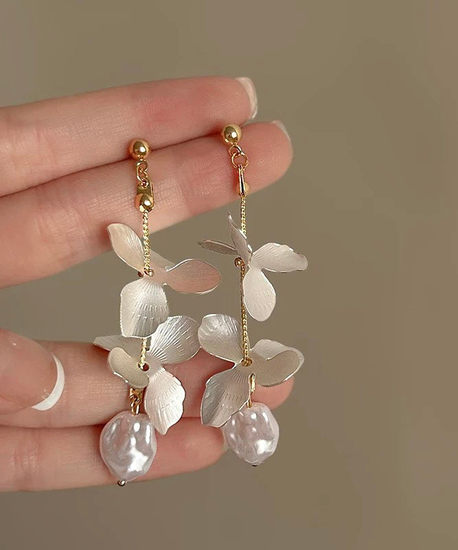 Elegant White Stelring Silver Overgild Pealr Iris Drop Earrings