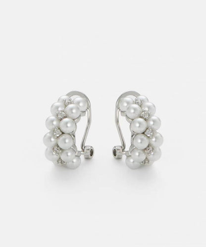 Elegant White Sterling Silver Zircon Double-Layer Pearl Hoop Earrings