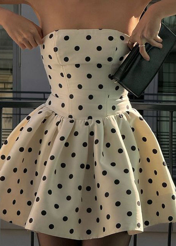Elegant White Strapless Dot Cotton Mid Dress Sleeveless