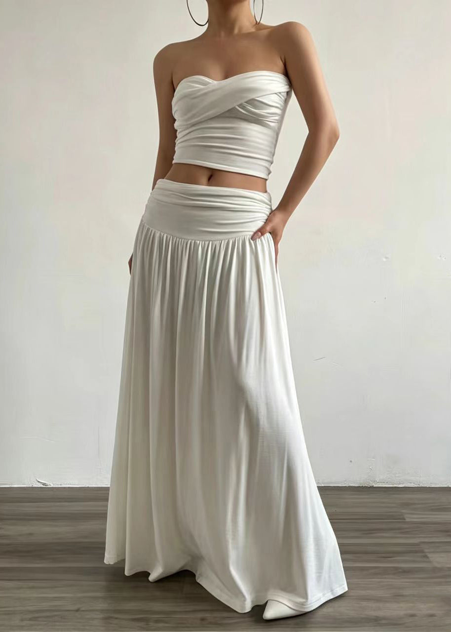 Elegant White Strapless Wrinkled Cotton Two Pieces Set Summer