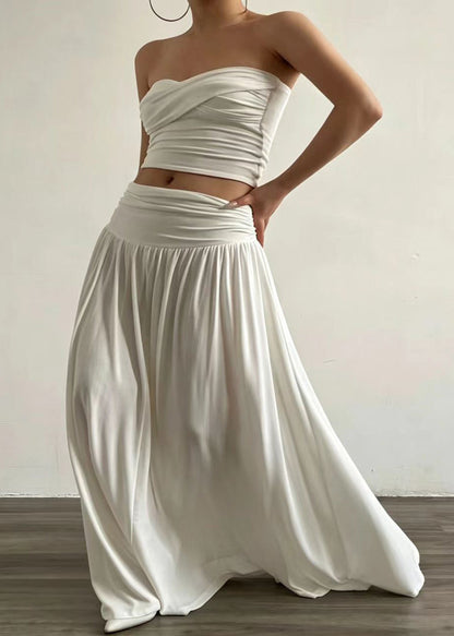Elegant White Strapless Wrinkled Cotton Two Pieces Set Summer
