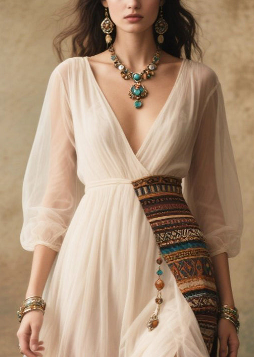 Elegant White Tasseled Patchwork Tulle Dresses Summer