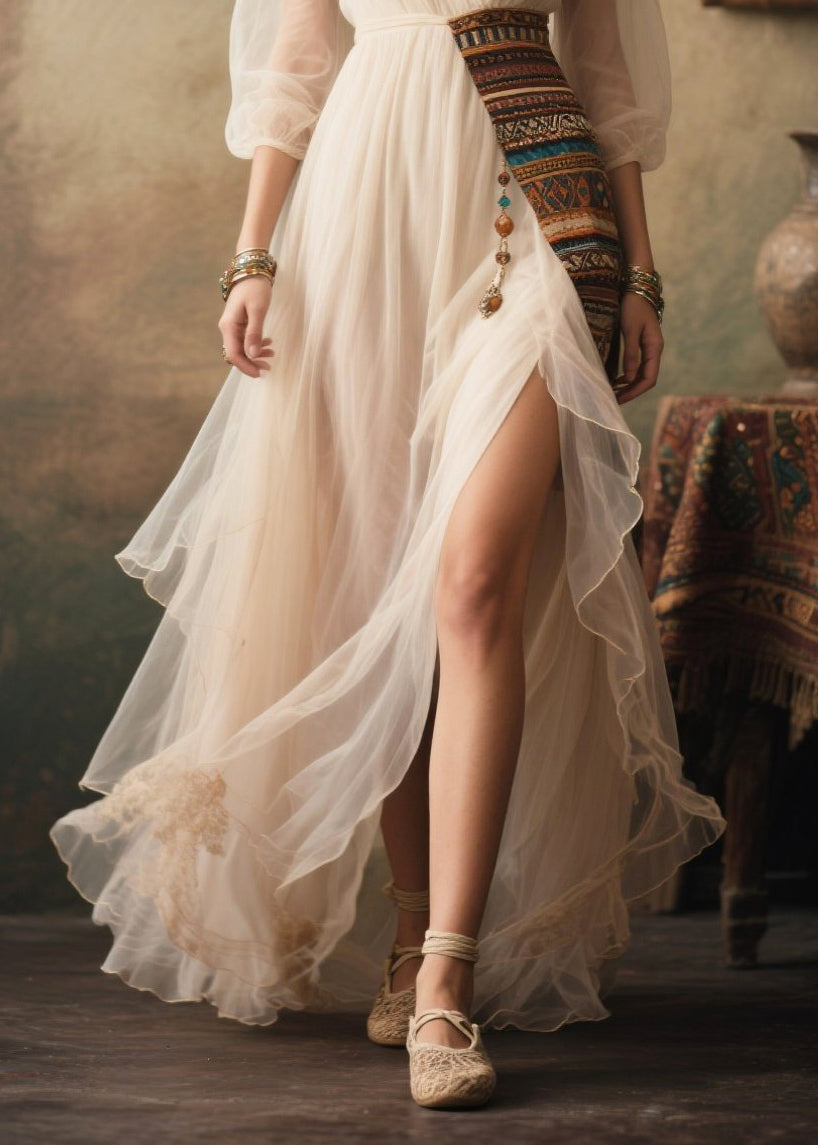 Elegant White Tasseled Patchwork Tulle Dresses Summer