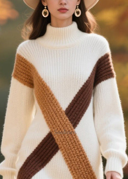 Elegant White Turtle Neck Patchwork Warm Sweater Dress Winter