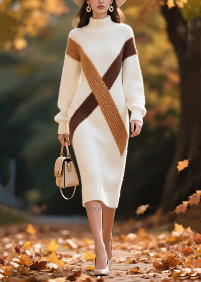 Elegant White Turtle Neck Patchwork Warm Sweater Dress Winter