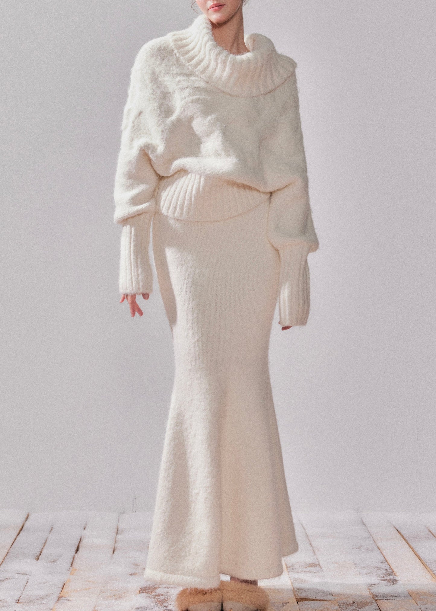 Elegant White Turtleneck Patchwork Cotton Knit Sweater And Maxi Dress Two-Piece Set Spring