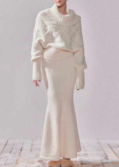 Elegant White Turtleneck Patchwork Cotton Knit Sweater And Maxi Dress Two-Piece Set Spring