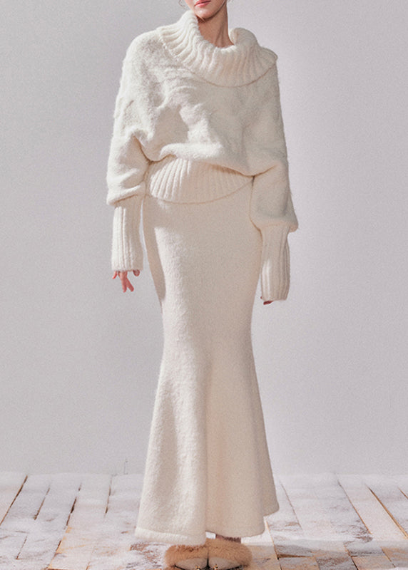 Elegant White Turtleneck Patchwork Cotton Knit Sweater And Maxi Dress Two-Piece Set Spring