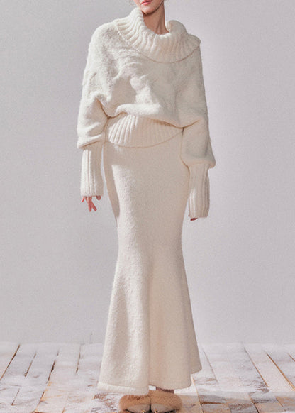 Elegant White Turtleneck Patchwork Cotton Knit Sweater And Maxi Dress Two-Piece Set Spring