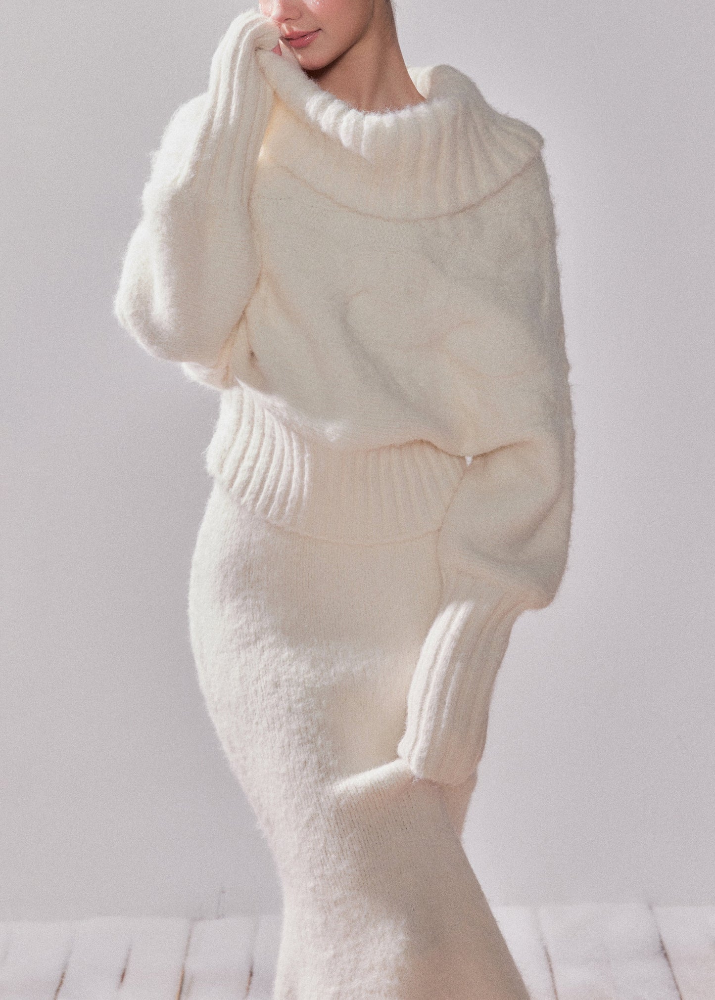 Elegant White Turtleneck Patchwork Cotton Knit Sweater And Maxi Dress Two-Piece Set Spring