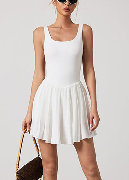 Elegant White U Neck Wrinkled Tennis Dress Sleeveless