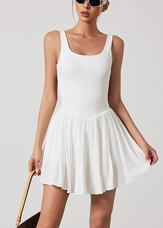 Elegant White U Neck Wrinkled Tennis Dress Sleeveless