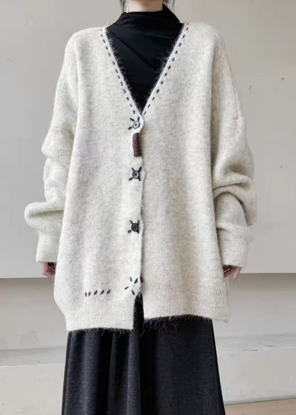Elegant White V Neck Button Down Knit Loose Jacket Winter