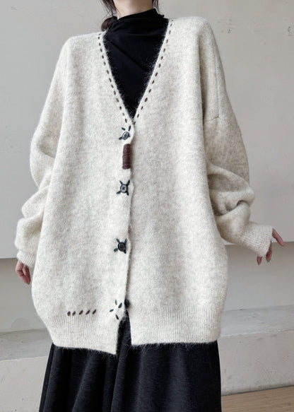Elegant White V Neck Button Down Knit Loose Jacket Winter