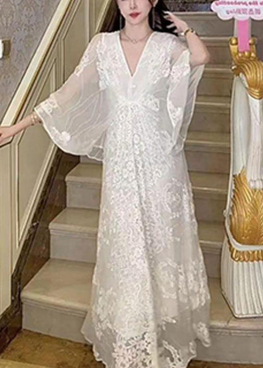 Elegant White V Neck Embroidered Cotton Maxi Dresses Batwing Sleeve