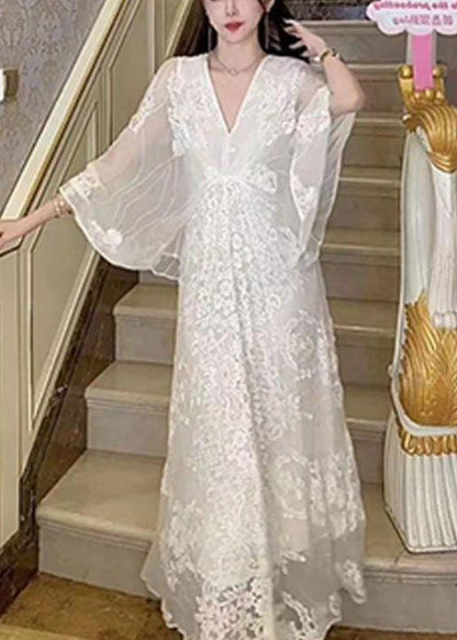 Elegant White V Neck Embroidered Cotton Maxi Dresses Batwing Sleeve