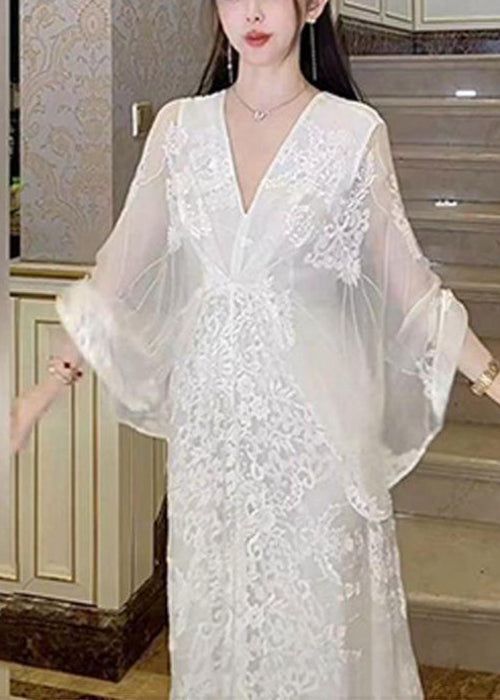 Elegant White V Neck Embroidered Cotton Maxi Dresses Batwing Sleeve