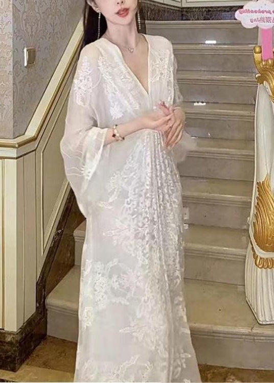 Elegant White V Neck Embroidered Cotton Maxi Dresses Batwing Sleeve