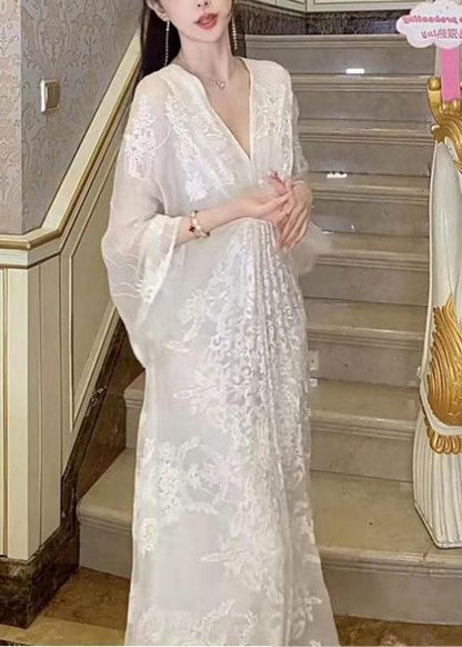 Elegant White V Neck Embroidered Cotton Maxi Dresses Batwing Sleeve