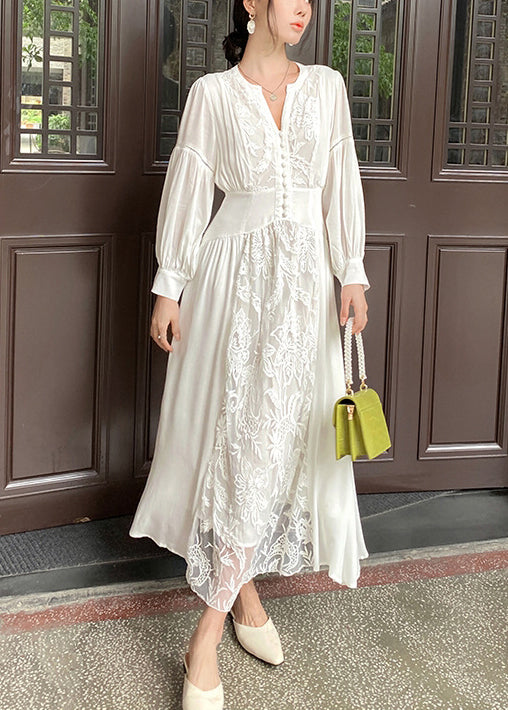 Elegant White V Neck Embroidered Lace Up Cotton Long Dresses Fall