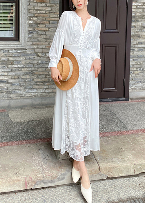 Elegant White V Neck Embroidered Lace Up Cotton Long Dresses Fall