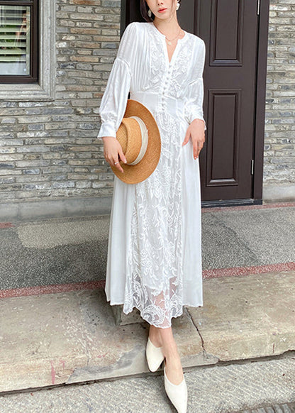 Elegant White V Neck Embroidered Lace Up Cotton Long Dresses Fall