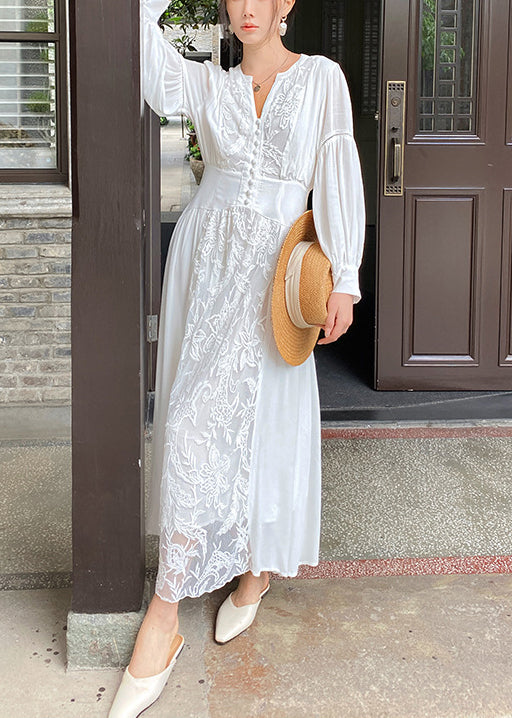 Elegant White V Neck Embroidered Lace Up Cotton Long Dresses Fall