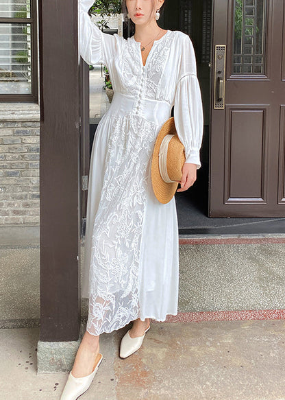 Elegant White V Neck Embroidered Lace Up Cotton Long Dresses Fall