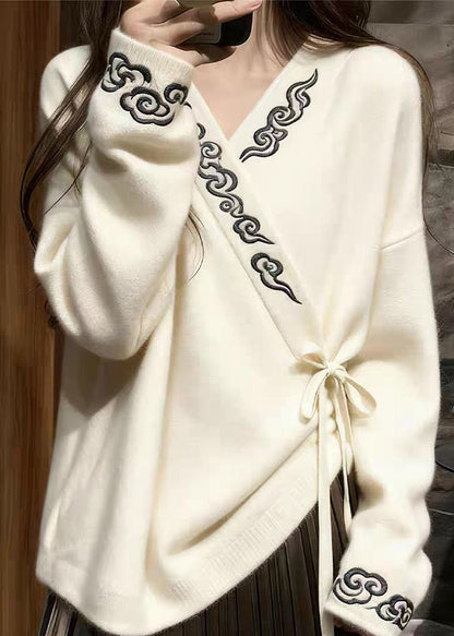 Elegant White V Neck Embroidered Lace Up Knit Sweaters Spring