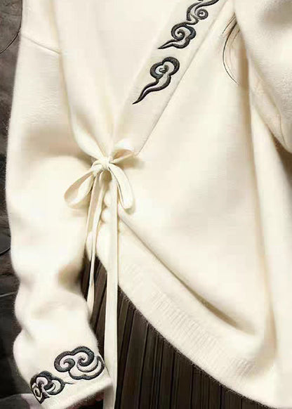 Elegant White V Neck Embroidered Lace Up Knit Sweaters Spring