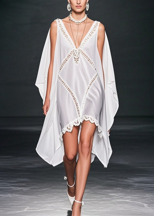 Elegant White V Neck Hollow Out Low High Design Chiffon Dresses Summer
