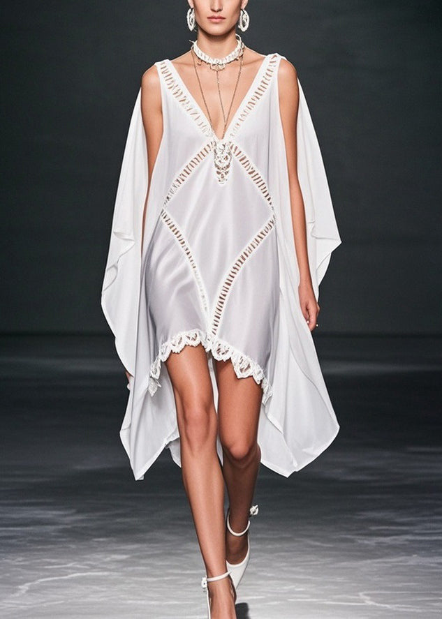 Elegant White V Neck Hollow Out Low High Design Chiffon Dresses Summer