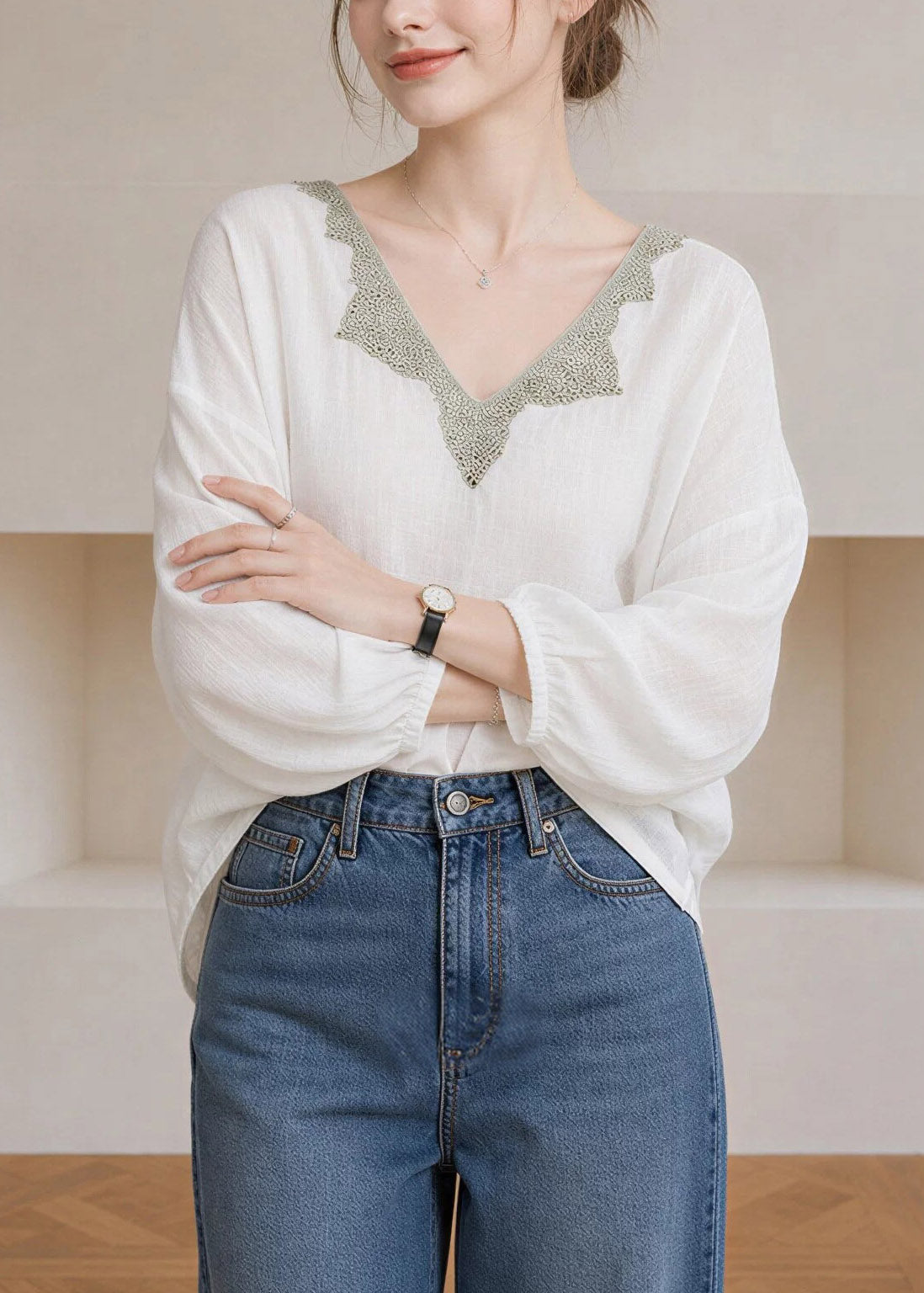 Elegant White V Neck Lace Patchwork Tops Lantern Sleeve