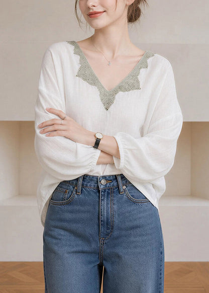 Elegant White V Neck Lace Patchwork Tops Lantern Sleeve