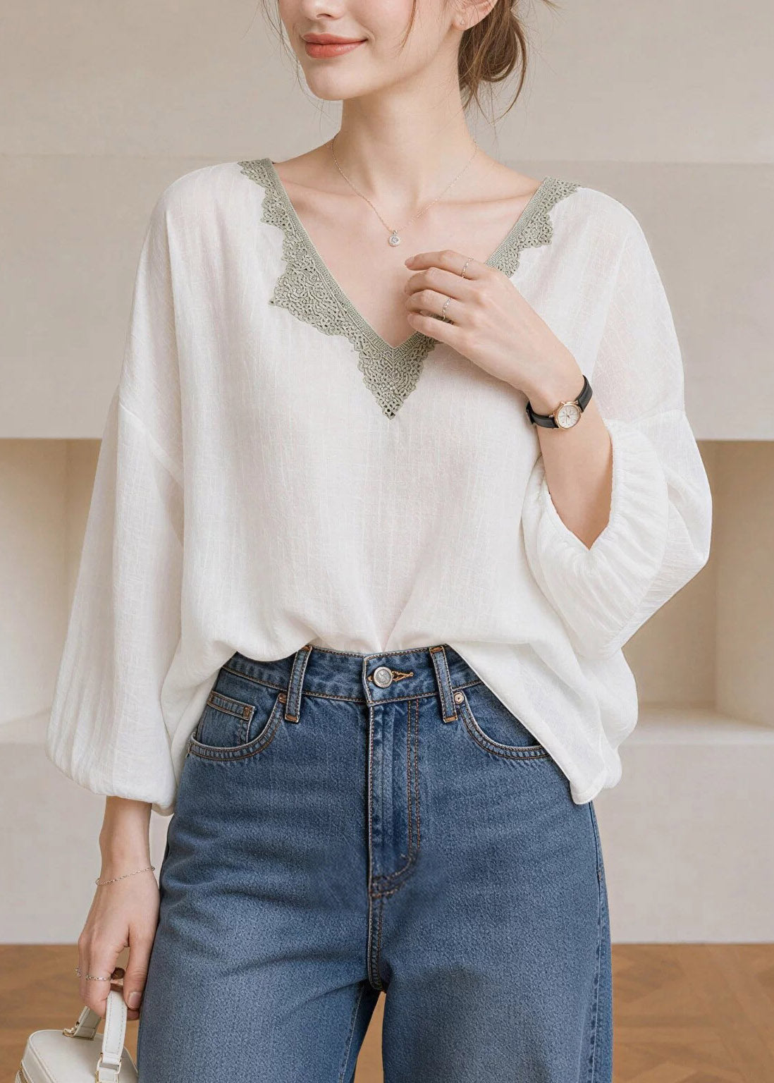 Elegant White V Neck Lace Patchwork Tops Lantern Sleeve
