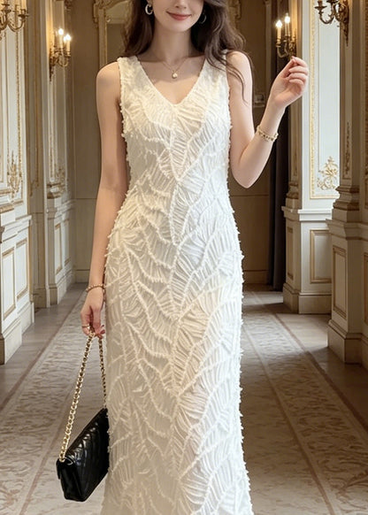 Elegant White V Neck Long Spaghetti Strap Dresses Summer