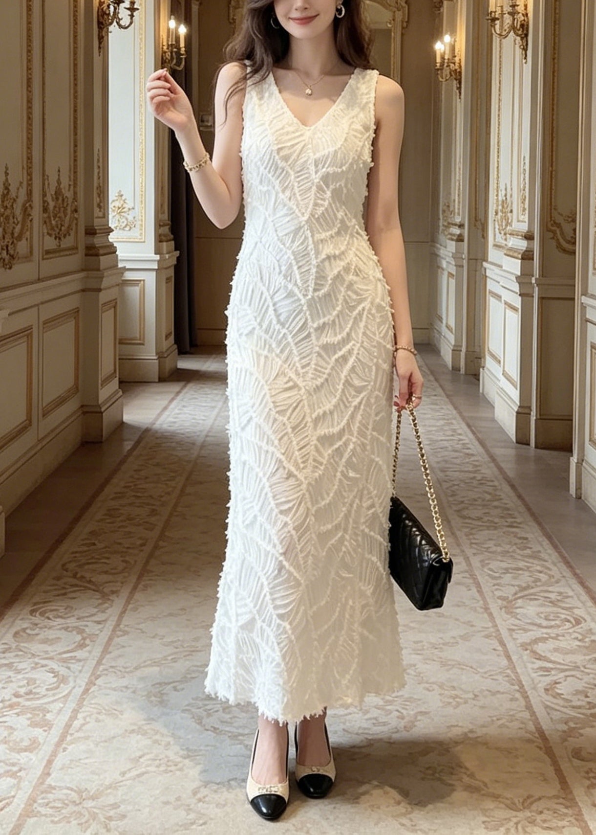 Elegant White V Neck Long Spaghetti Strap Dresses Summer