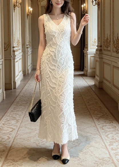 Elegant White V Neck Long Spaghetti Strap Dresses Summer