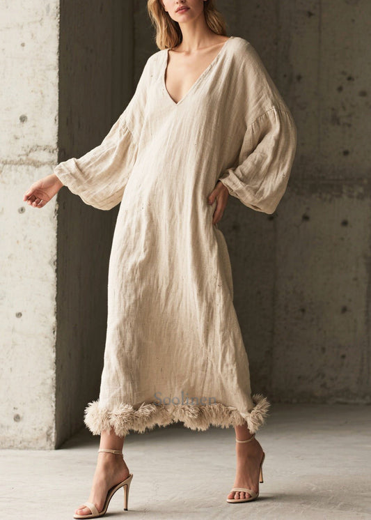 Elegant White V Neck Patchwork Faux Fur Maxi Dresses Fall