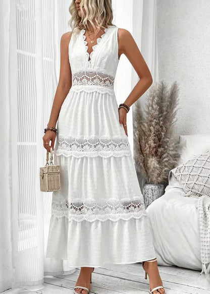 Elegant White V Neck Patchwork Lace Long Dress Sleeveless