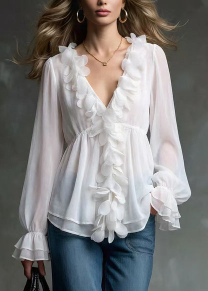 Elegant White V Neck Petal Chiffon Shirts Spring
