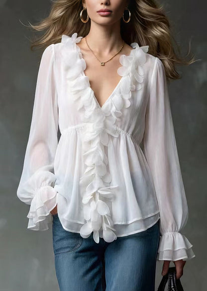 Elegant White V Neck Petal Chiffon Shirts Spring