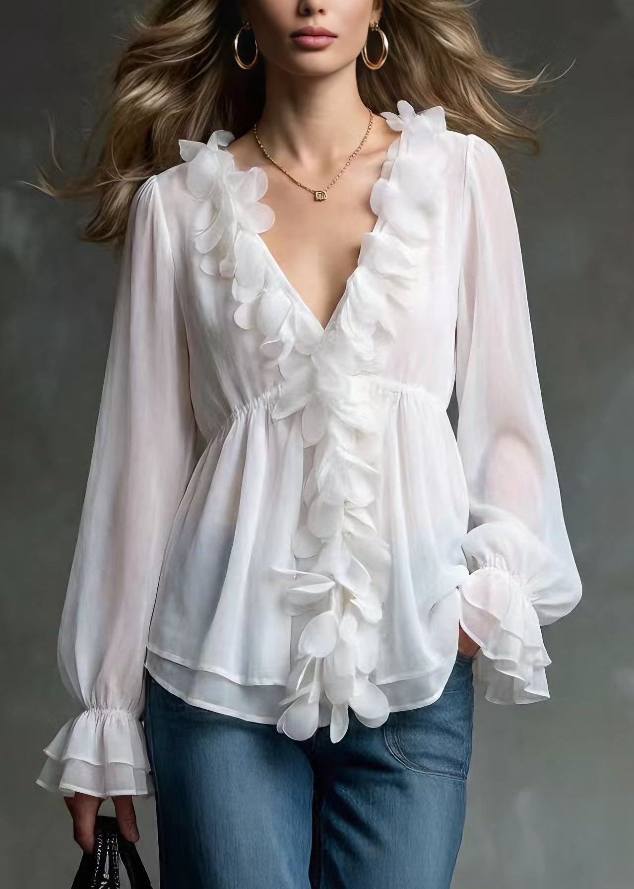 Elegant White V Neck Petal Chiffon Shirts Spring