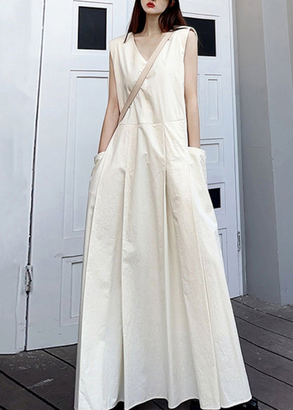 Elegant White V Neck Pockets Patchwork Cotton Maxi Dresses Sleeveless