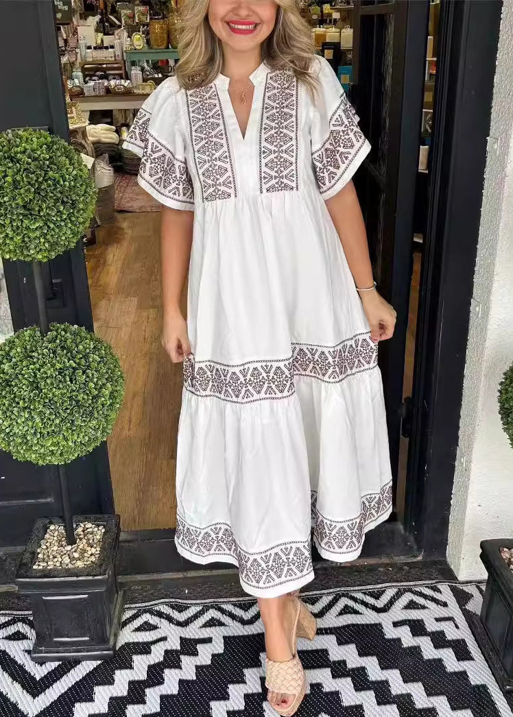 Elegant White V Neck Print Cotton Long Dresses Summer